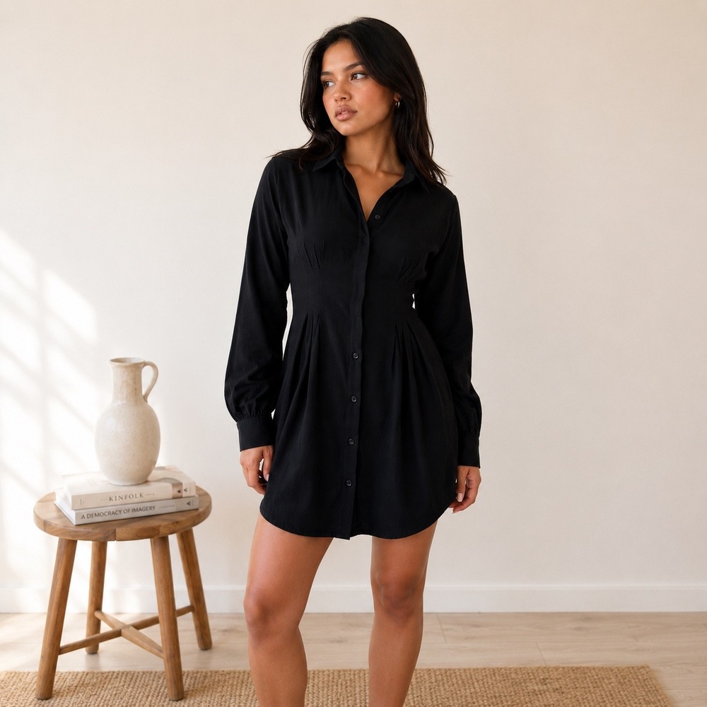 White Fox Feels Like A Holiday Shirt Dress Small Black Pleated Waist Long Sleeve - Picture 1 of 14